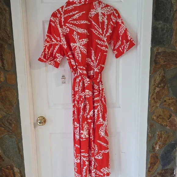 DKNY Darker Orange and White Midi Dress With Tie Lightweight 3 Button New - Picture 10 of 14